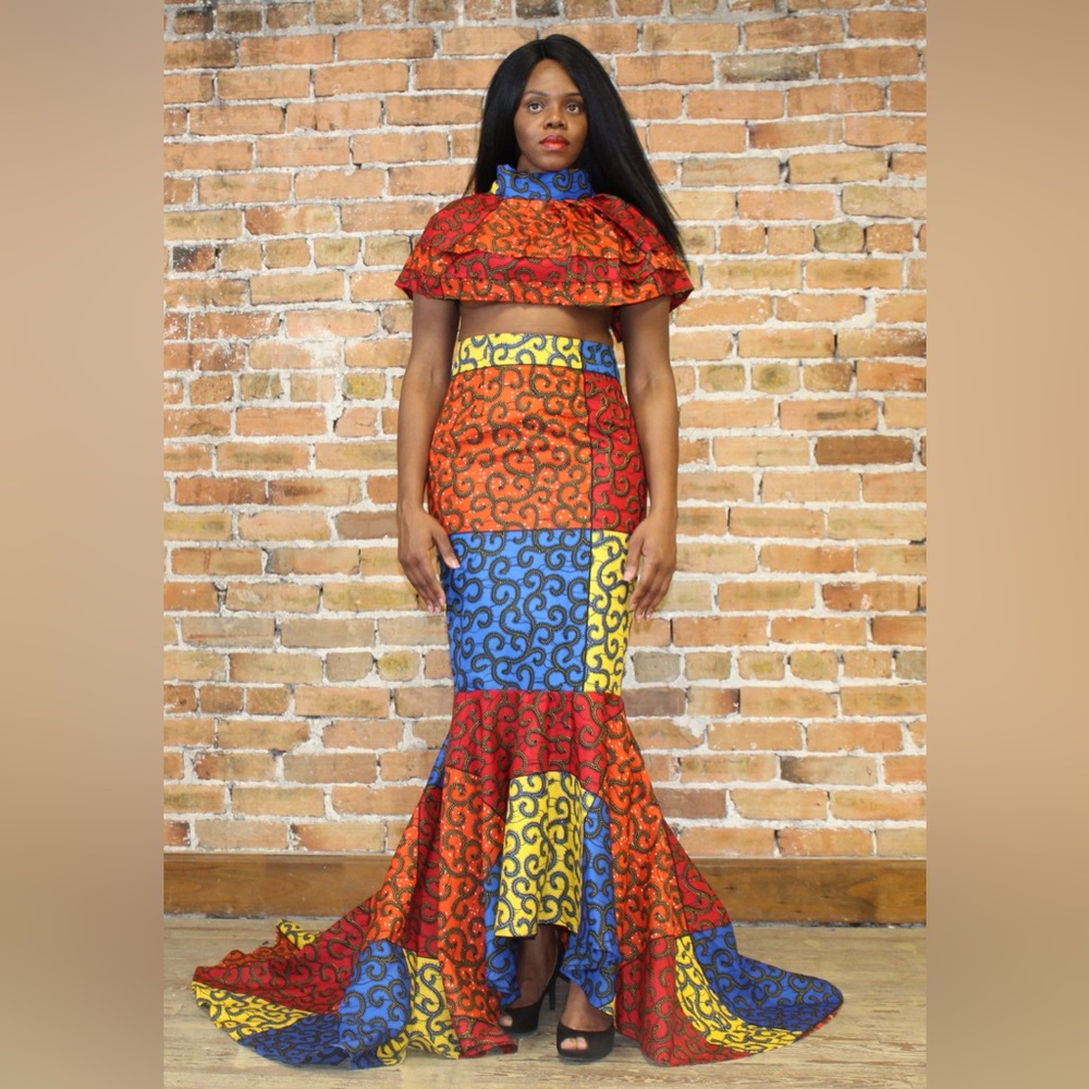 Two  Piece African Print Ankara Multicolor Cropped Ruffle Mockneck Top and Skirt